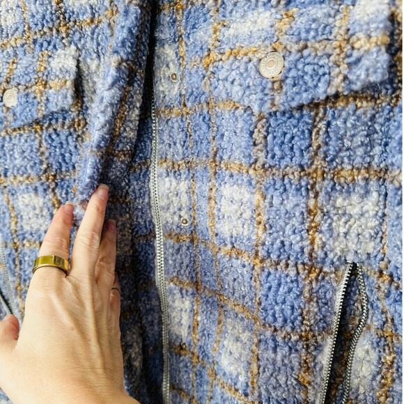 We The Free Fuzzy Loop Stitch Ivory Blue Tan Mock Neck Zip Jacket XS - Picture 5 of 14